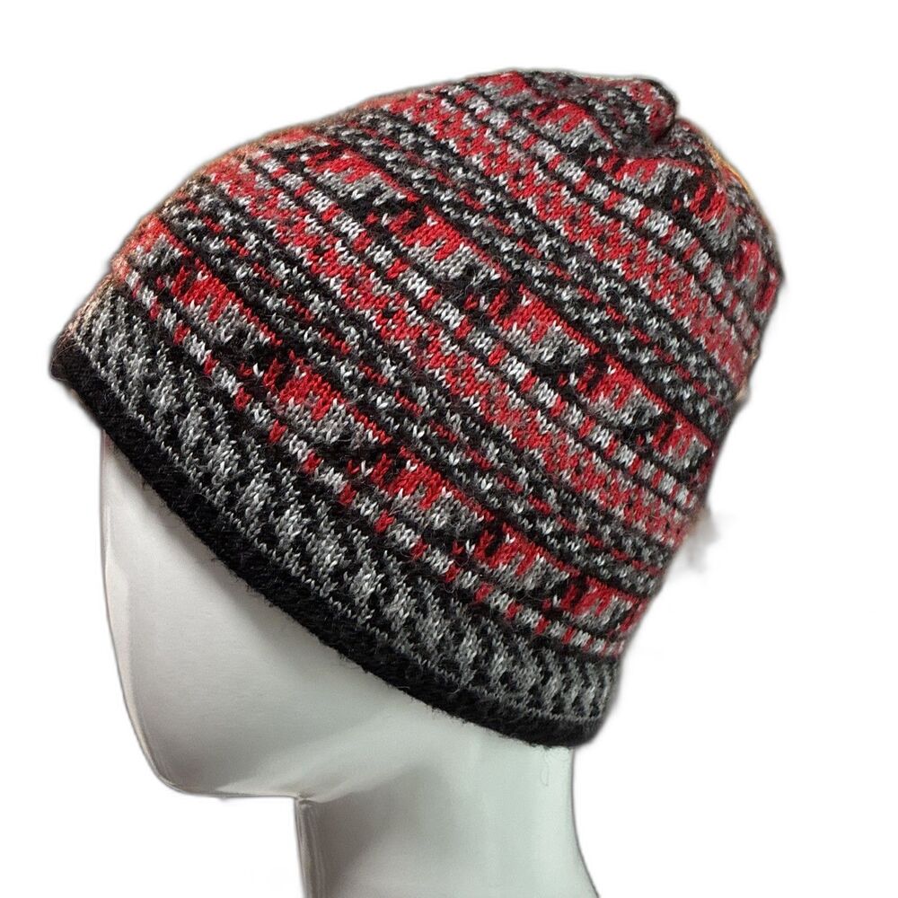 Vintage Columbia Wool Blend Nordic Ski Beanie Hat Tassel Pom Black Red Gorpcore